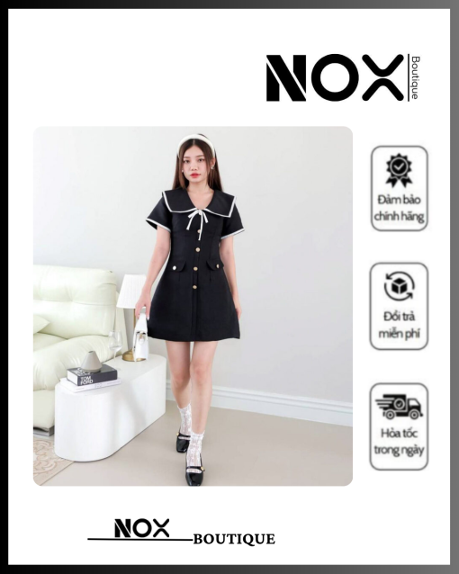 Đầm Chữ A Cổ Thắt Nơ Phối Viền Trắng