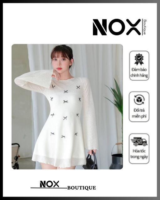 Váy Chữ A Tay Dài Phối Nơ Thun Giấy DCATCU7