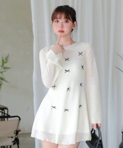 Váy Chữ A Tay Dài Phối Nơ Thun Giấy DCATCU7