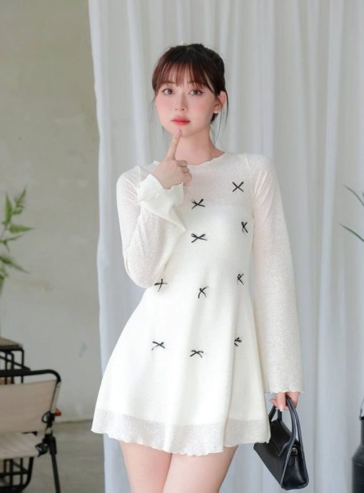 Váy Chữ A Tay Dài Phối Nơ Thun Giấy DCATCU7