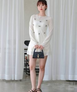 Váy Chữ A Tay Dài Phối Nơ Thun Giấy DCATCU7