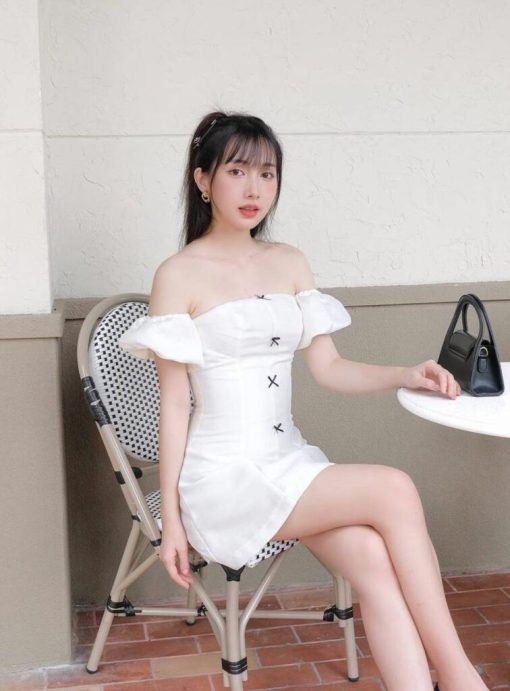 Đầm Chữ A Cúp Ngực Đính Nơ Dáng Ngắn