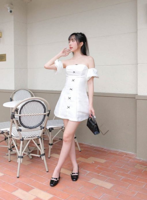 Đầm Chữ A Cúp Ngực Đính Nơ Dáng Ngắn