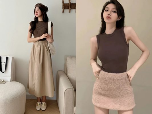 chân váy màu be kết hợp áo màu gì