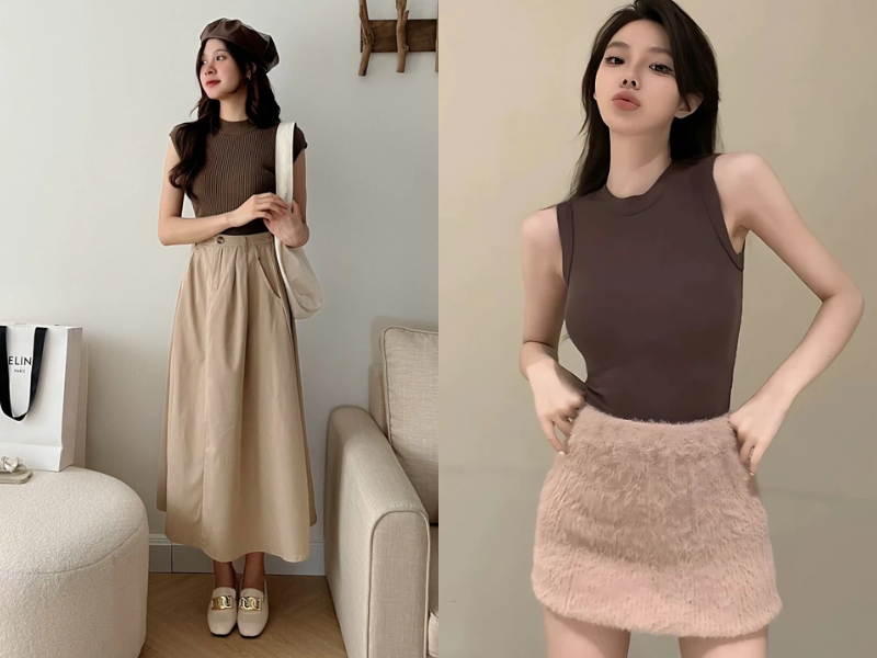 chân váy màu be kết hợp áo màu gì
